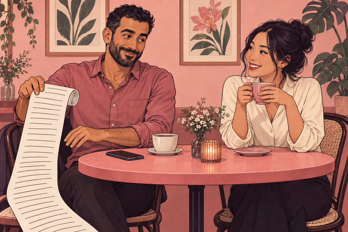Illustration of a couple at a cafe, with one person holding a long paper list.