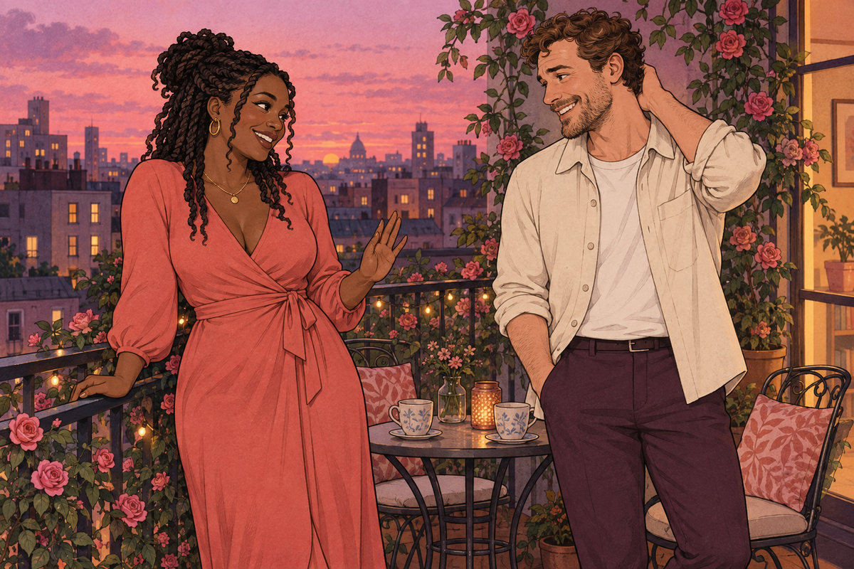 Illustration of a couple talking on a balcony at sunset.