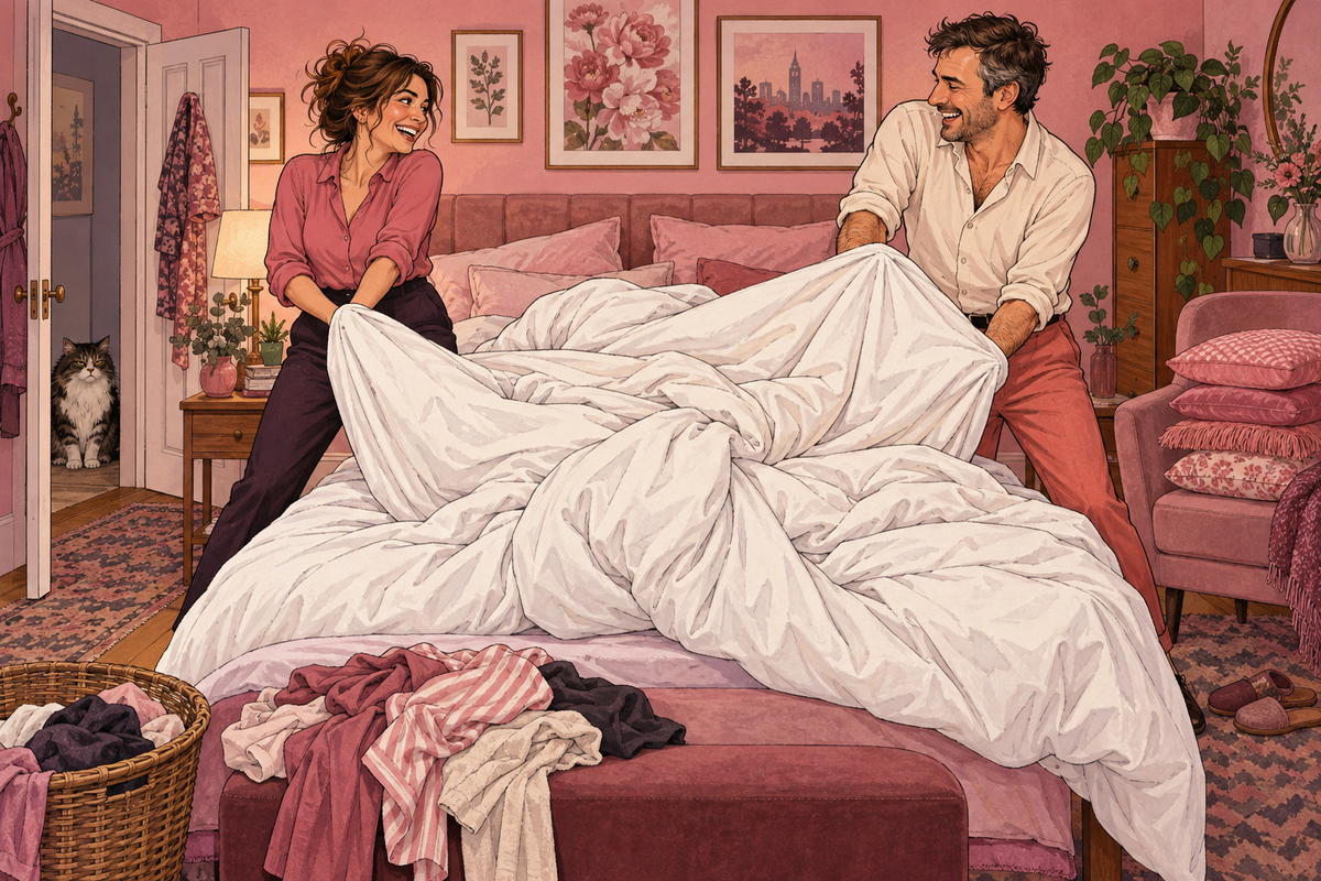 Illustration of two people folding a large white duvet in a bedroom.