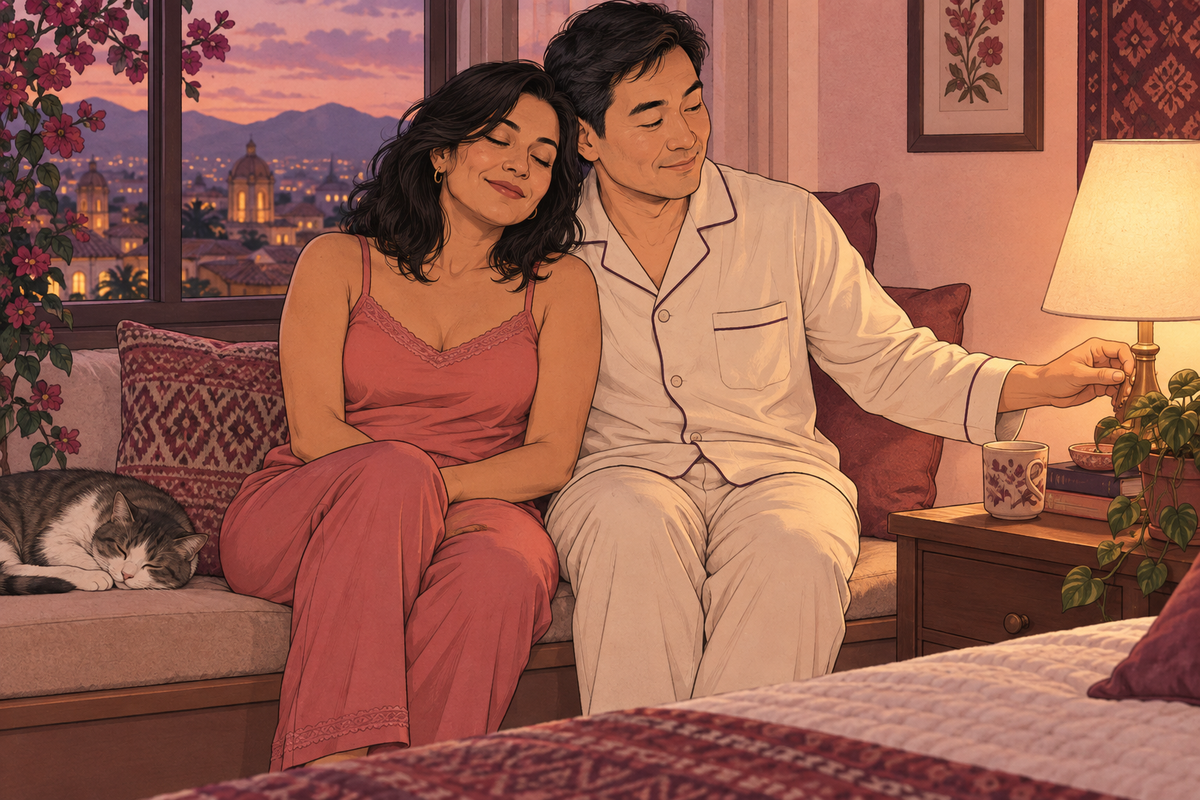 Illustration of a couple sitting closely together on a bed at sunset.