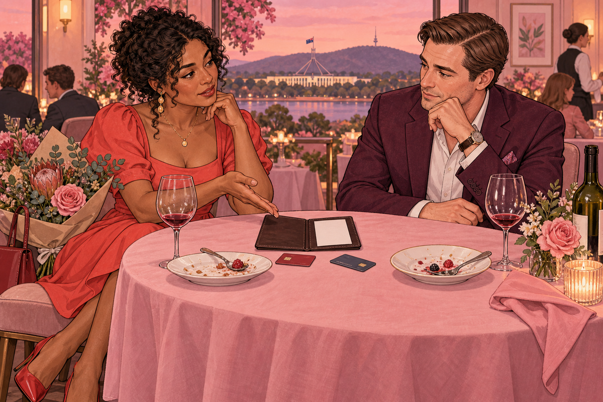 Illustration of a couple talking at a cafe table with a phone and notebook between them.