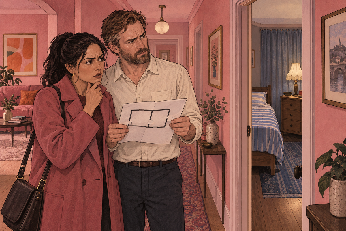 Illustration of a couple reading a paper together in a hallway.
