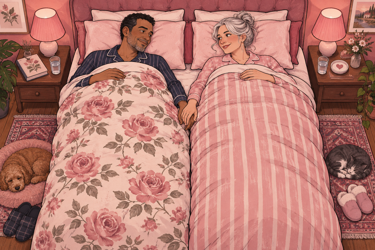 Illustration of a couple talking in bed under separate patterned blankets.