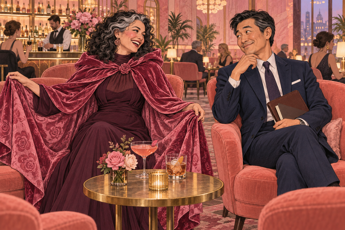 Illustration of a woman showing a flowing cape to a man in a living room.