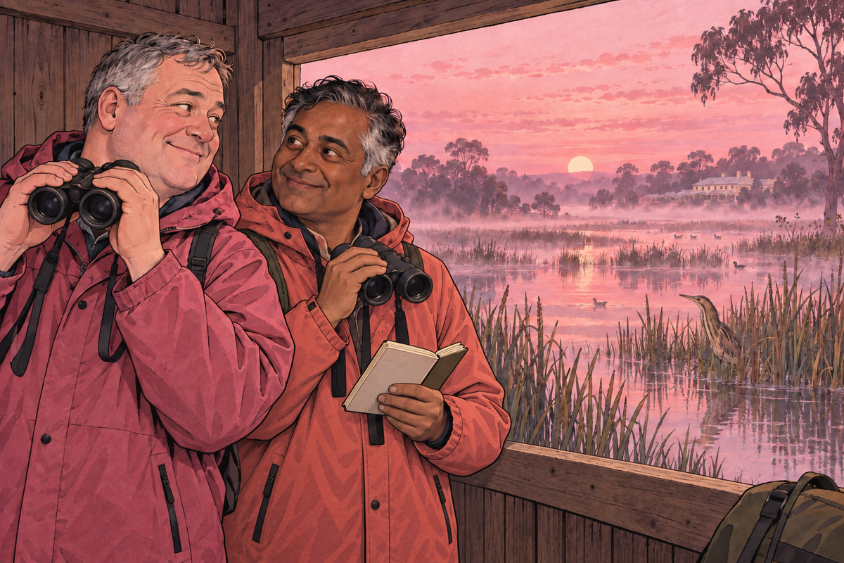 Illustration of two people watching birds beside a lake with binoculars and a notebook.