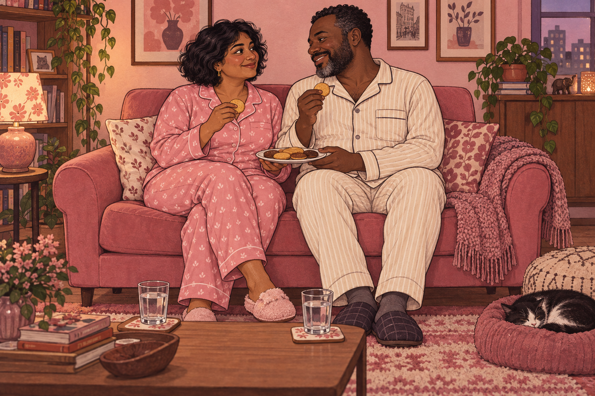 Illustration of a couple sitting on a sofa and sharing food.