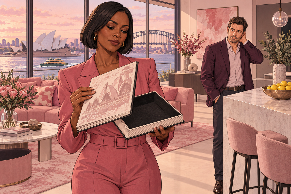 Illustration of a woman holding an open laptop while a man talks on the phone nearby.