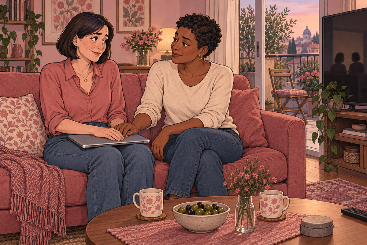 Illustration of two women sitting together and talking on a sofa.