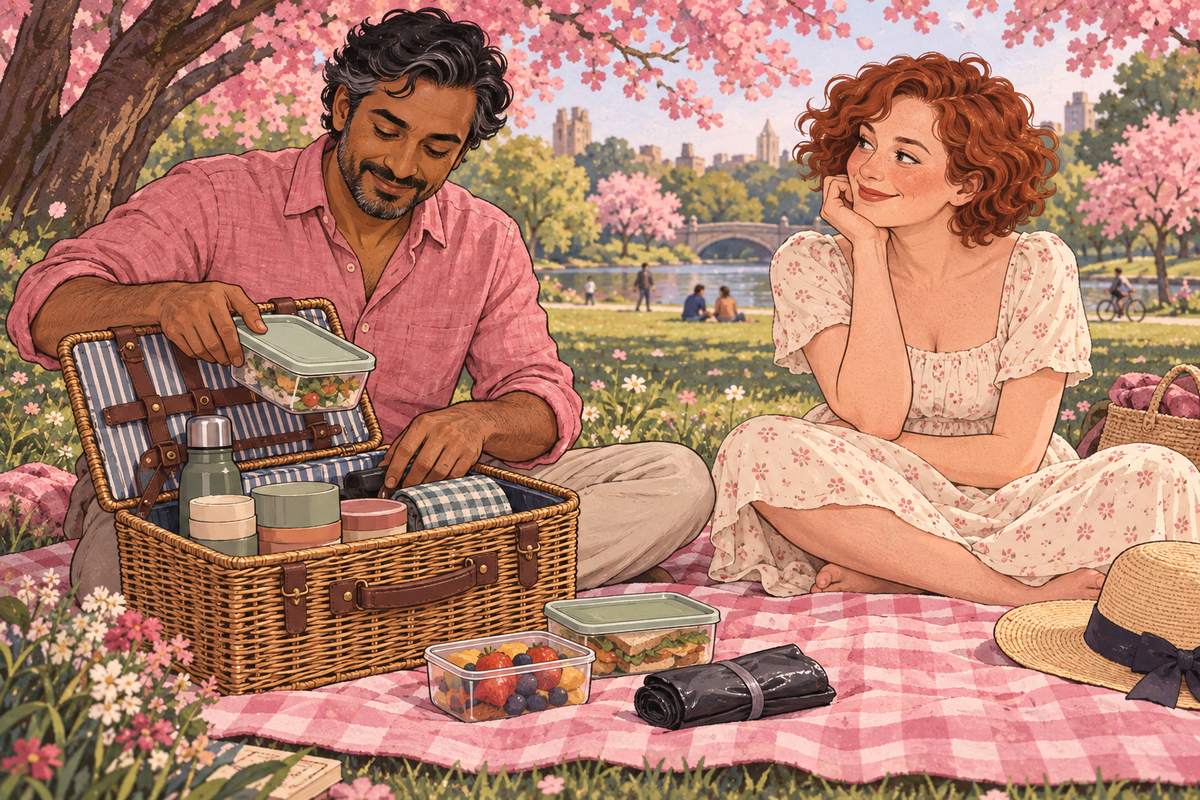 Illustration of a couple unpacking a picnic basket outdoors.