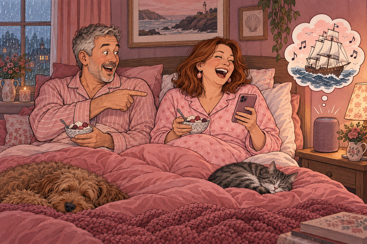 Illustration of a couple looking at a phone together in bed with a cruise ship thought bubble.