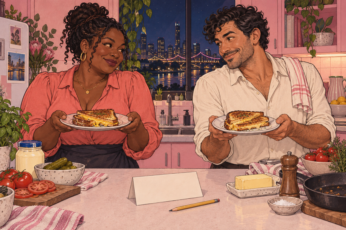 Illustration of a couple holding plates of food in a kitchen.