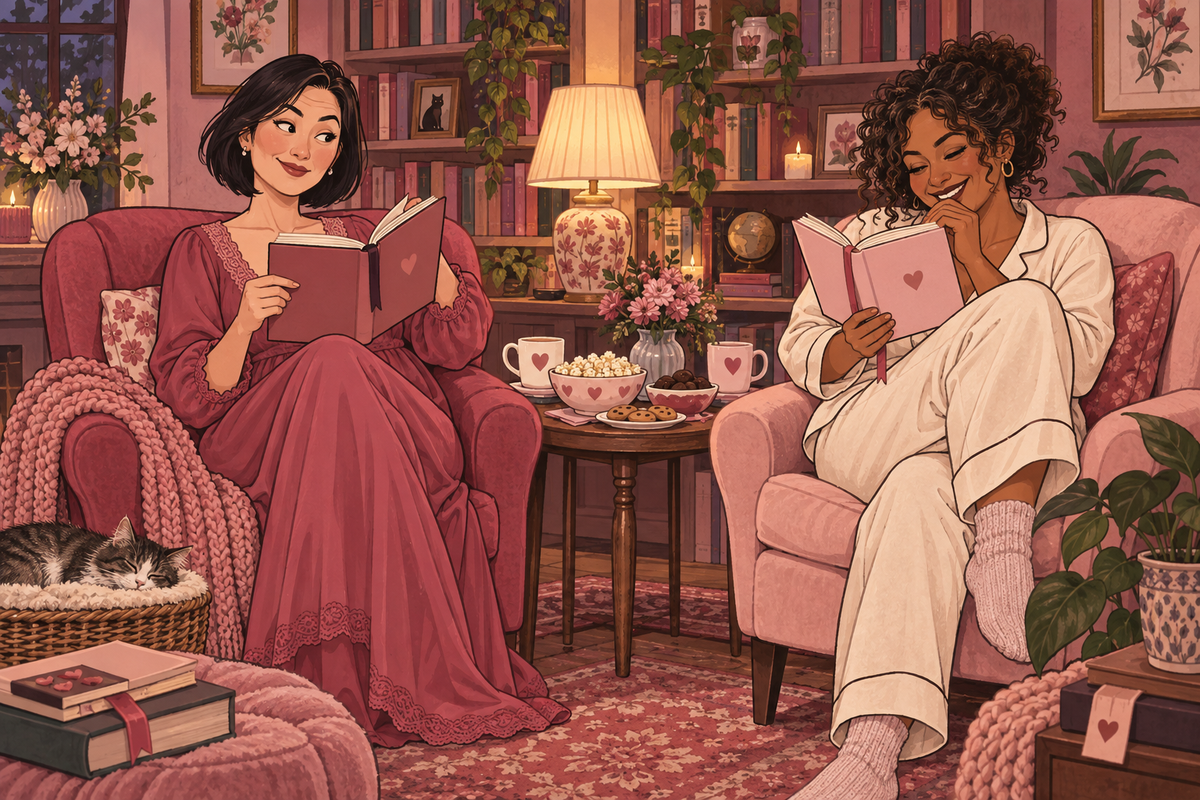 Illustration of two women reading books in armchairs, with drinks and snacks between them.