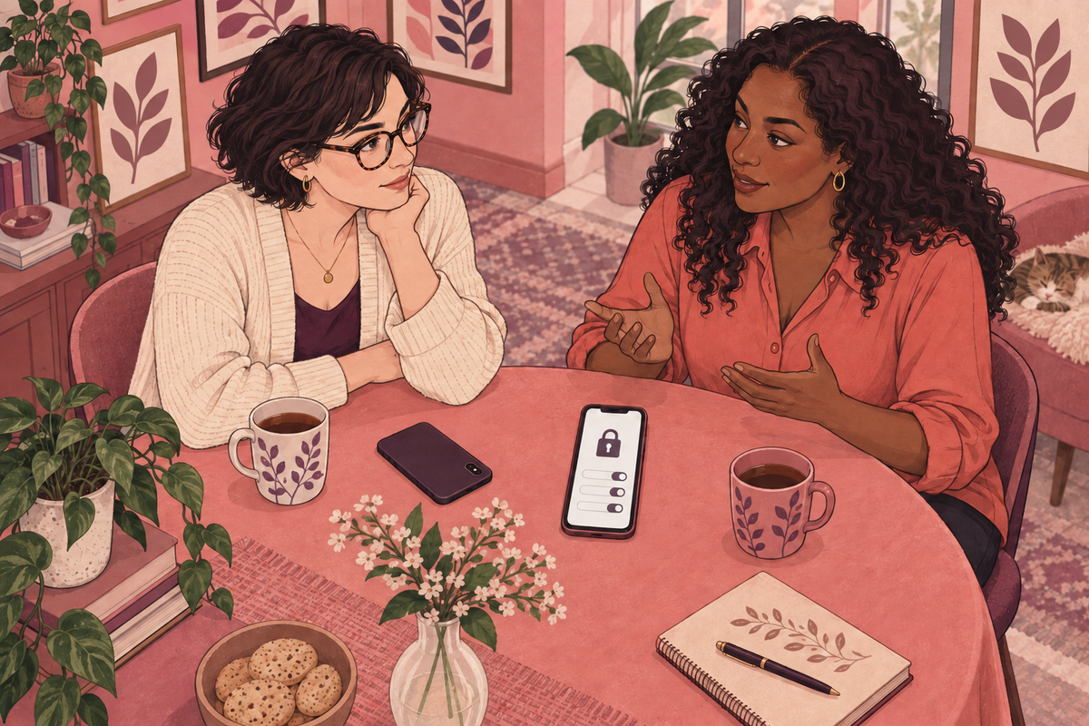 Illustration of two women discussing a phone at a kitchen table.