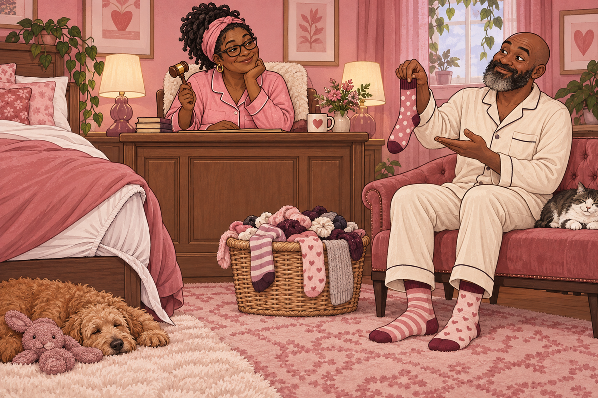 Pink illustration for Socks in Bed: The Case for the Defence