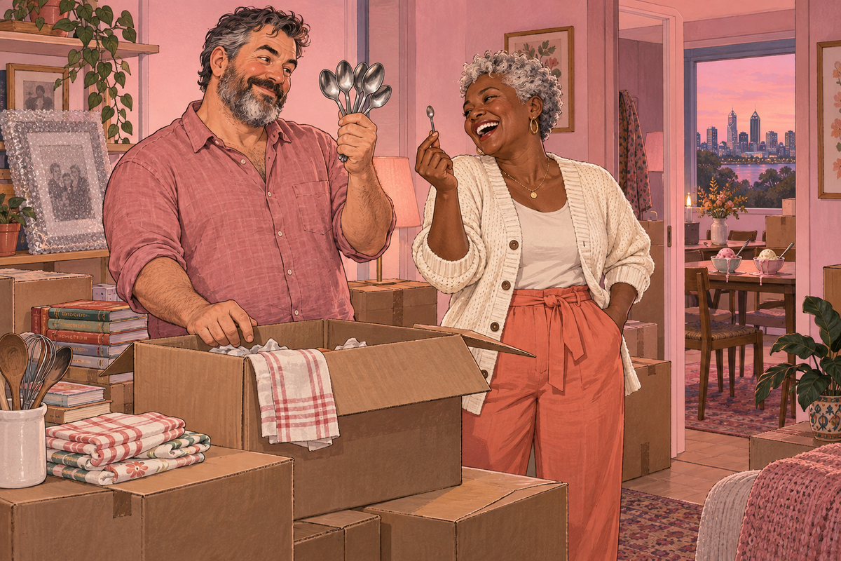 Illustration of a couple unpacking cardboard boxes in a living room.