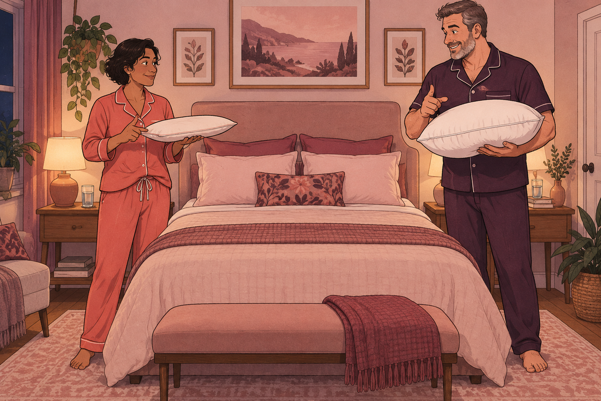 Illustration of a couple holding pillows beside a bed.