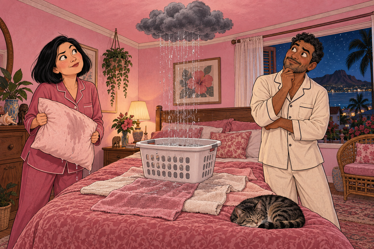 Pink illustration for It Started Raining in the Bedroom When We Said 'It's Fine'