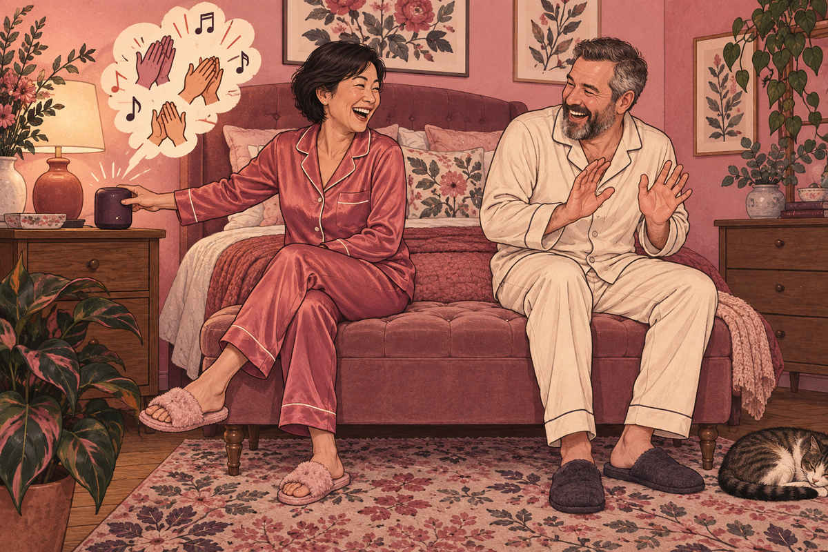 Illustration of a couple laughing together on the edge of a bed.