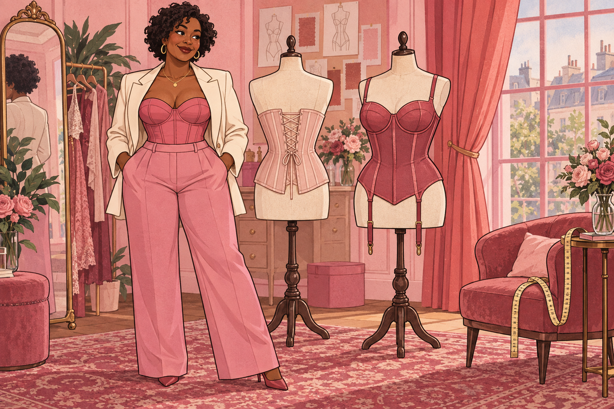 Illustration of a person comparing fitted lingerie styles displayed on mannequins.