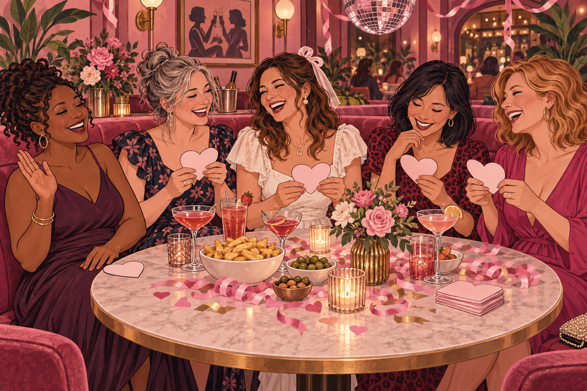 Illustration of friends celebrating around a decorated table with drinks and heart-shaped treats.