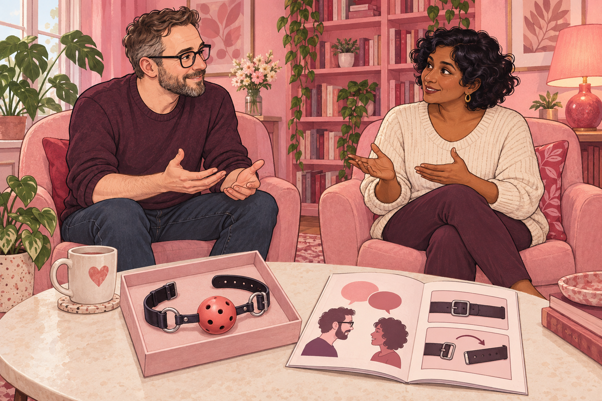 Illustration of two people discussing a boxed gag beside product instructions.