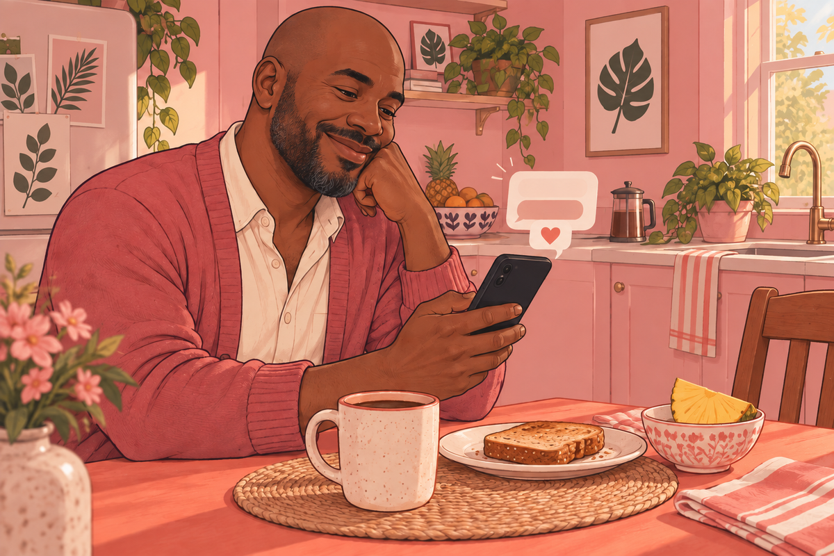 Illustration of a man reading a phone message over breakfast.