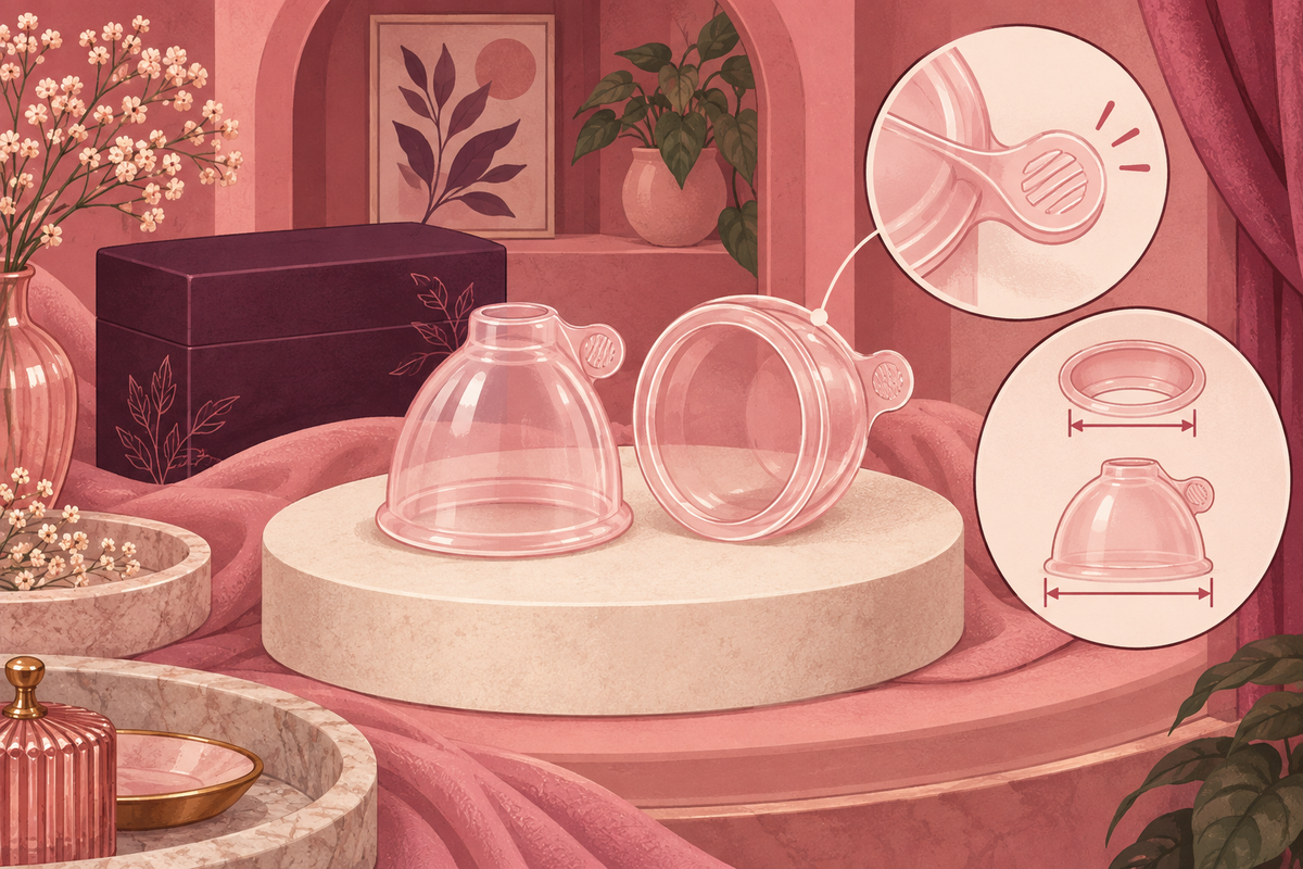 Illustration of transparent nipple suction cups with enlarged opening and release details.