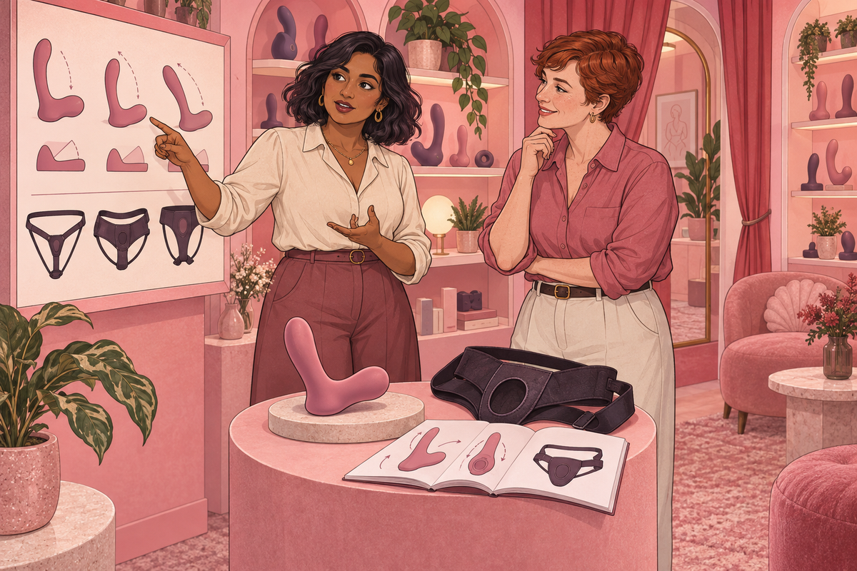 Illustration of two people comparing a strapless toy and harness options in a shop.