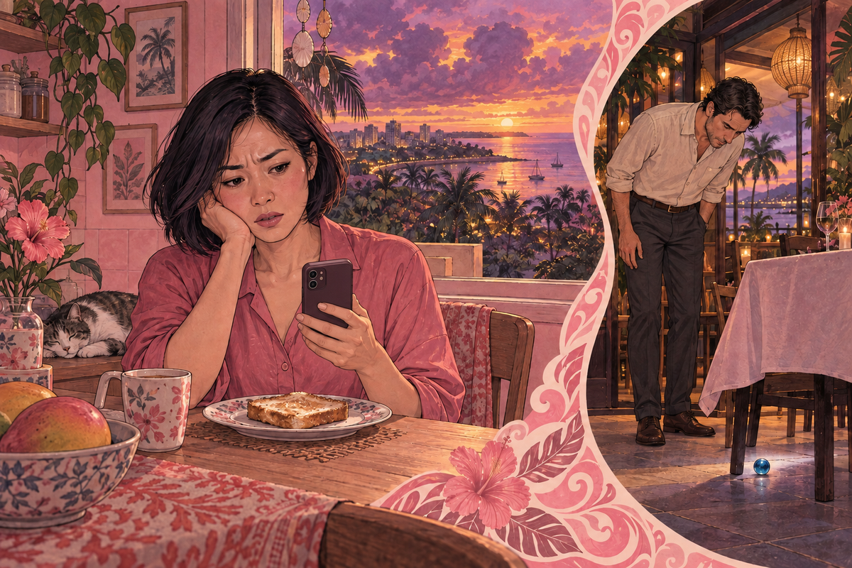 Illustration of a woman reading her phone and a man looking beneath a restaurant table.