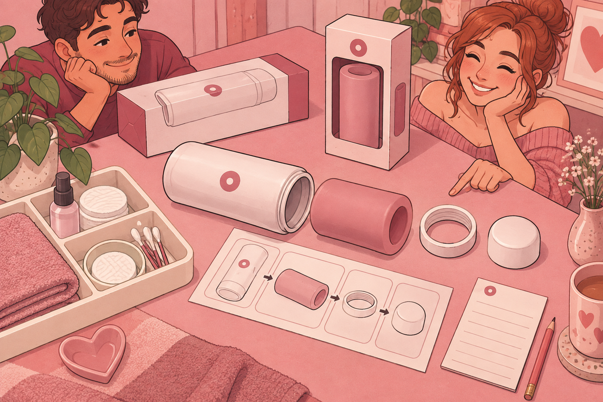 Illustration of two people examining replacement masturbator sleeves and components.