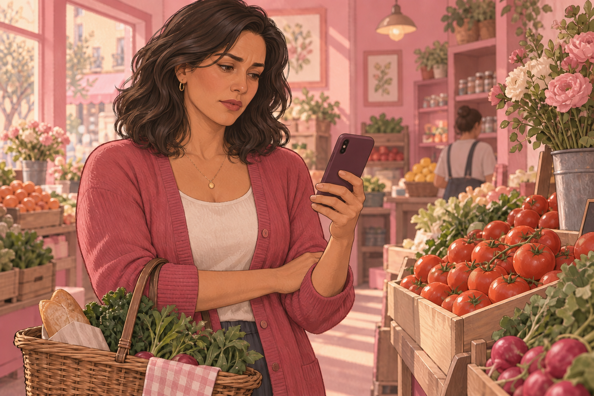 Illustration of a woman checking her phone while shopping for produce.