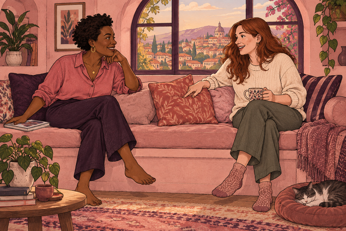 Illustration of two women talking together on a sofa.