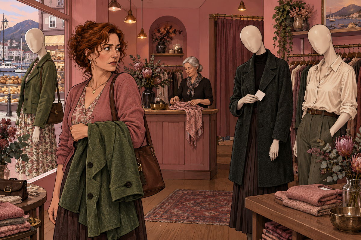 Illustration of a woman holding clothes in a boutique beside dressed mannequins.