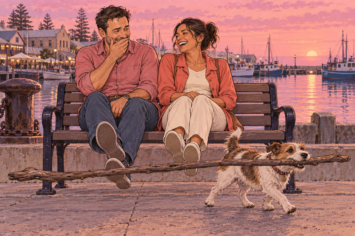 Illustration of a couple eating ice cream on a park bench with a dog nearby.