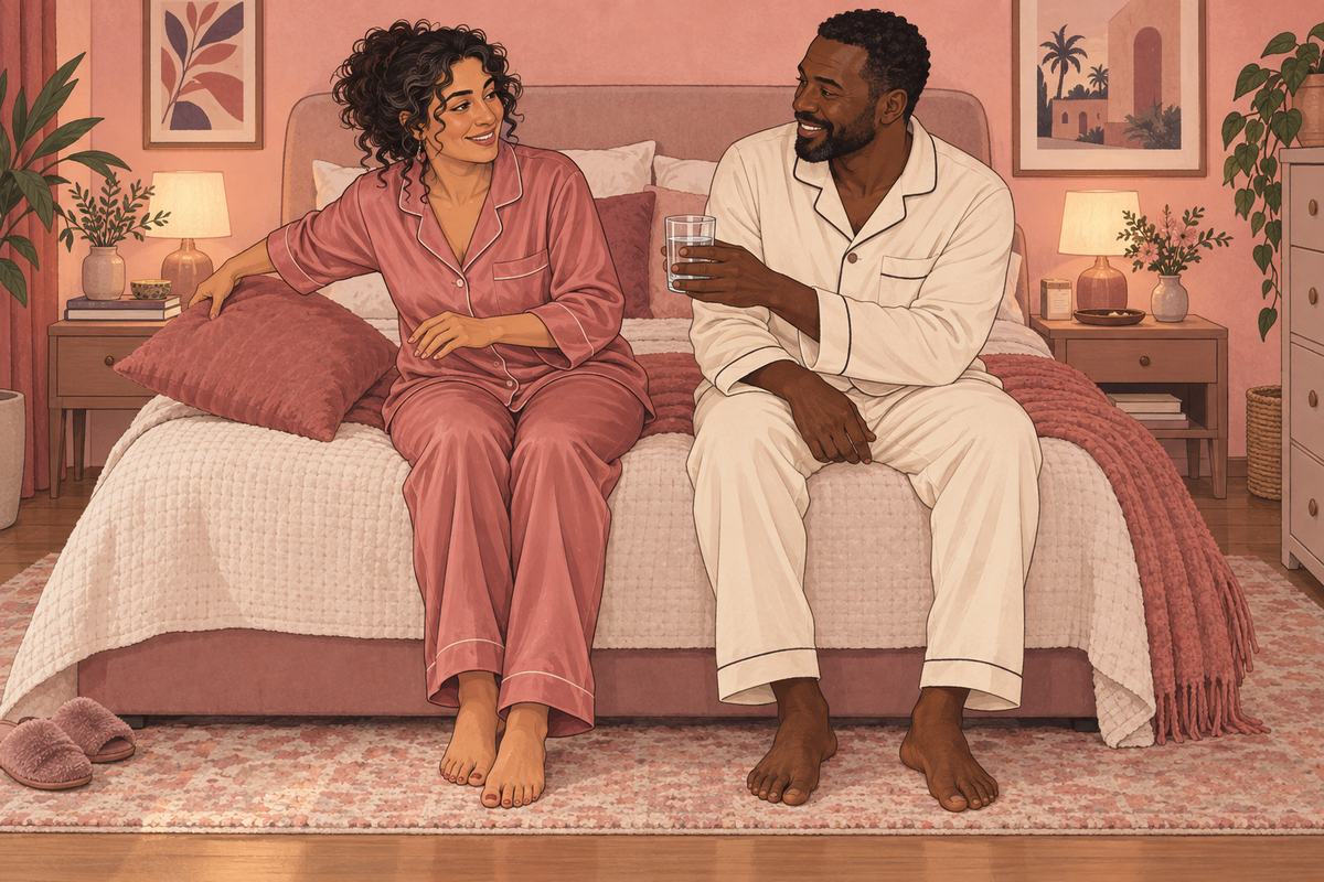 Illustration of a couple talking while seated on the edge of a bed.