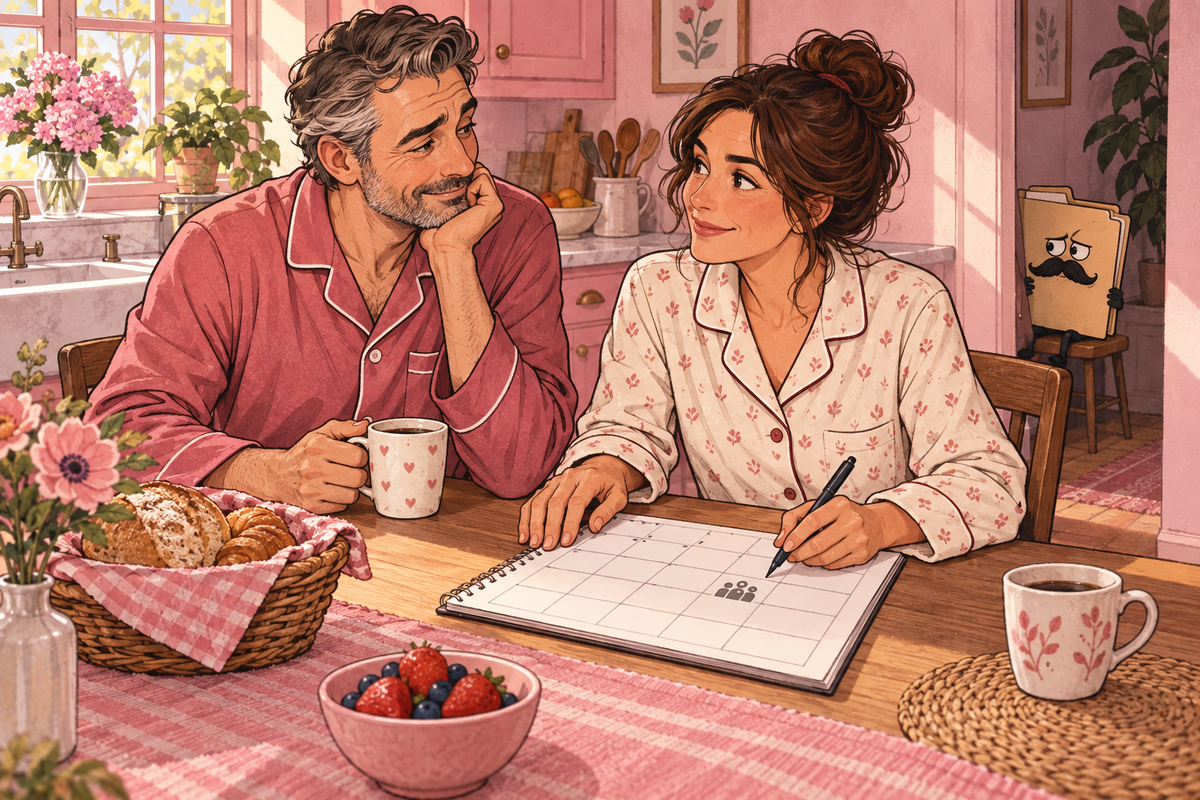 Illustration of a couple reviewing a notebook together at a kitchen table.