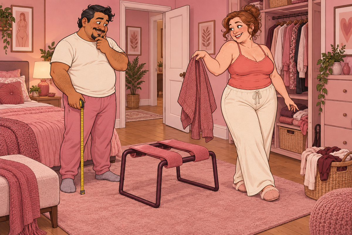 Illustration of two people comparing a small padded stool in a bedroom.