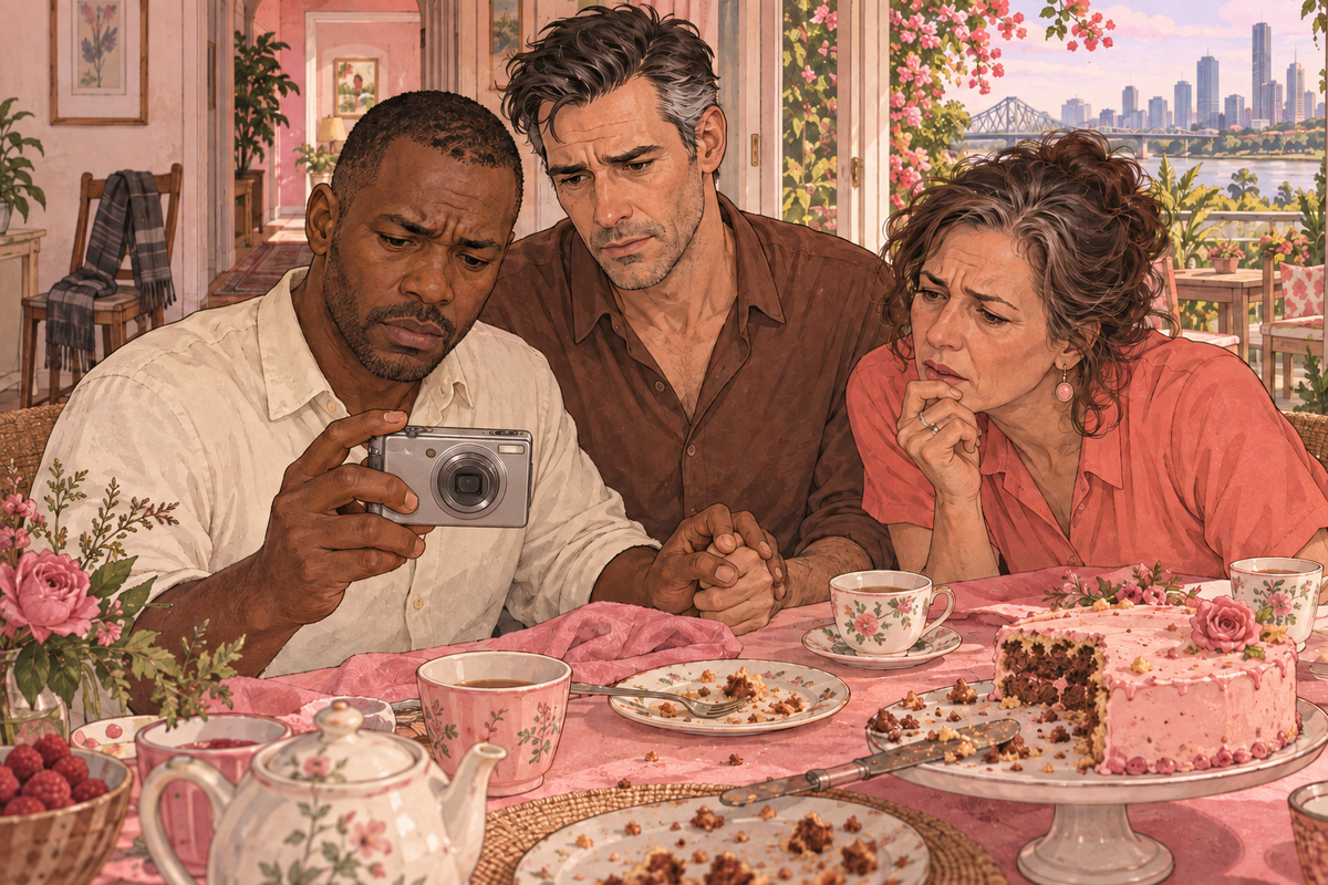 Illustration of three people looking at a camera together over afternoon tea.