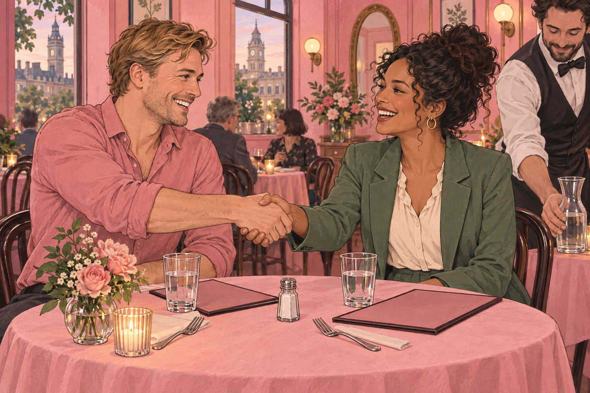 Illustration of a couple shaking hands across a restaurant table.