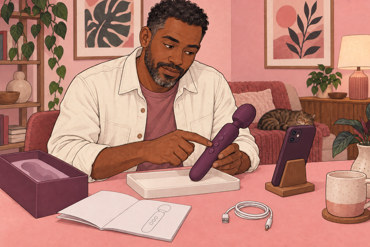 Illustration of a person checking a vibrator beside a phone and tablet.