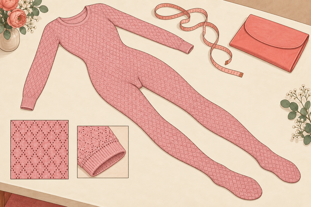 Illustration of a pink bodystocking with enlarged fabric and seam details.