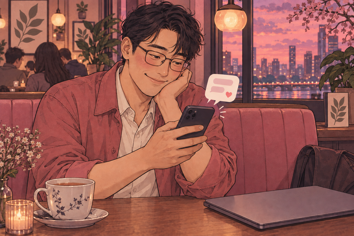 Illustration of a person smiling at a message on their phone beside a laptop.
