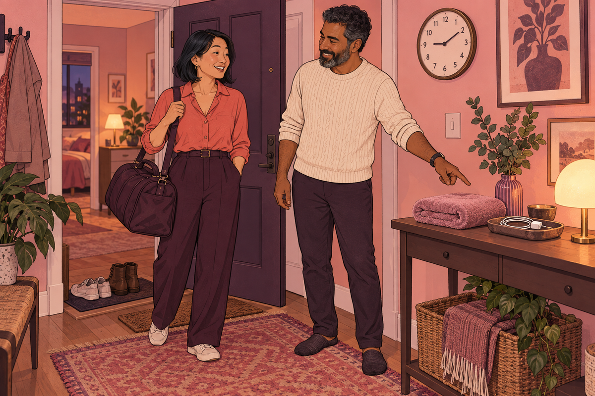 Illustration of a couple standing by a bedroom doorway with an overnight bag.