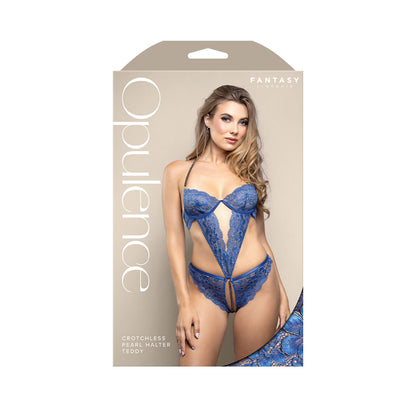 OPULENCE Crotchless Pearl Halter Teddy ML - Royal  - M/L Size