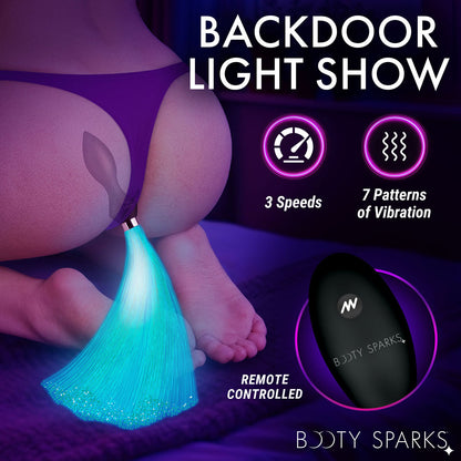 Booty Sparks Vibrating Silicone Fibre Optical Butt Plug - Black USB Rechargeable Butt Plug with Multicolour Fibre Optic Tail