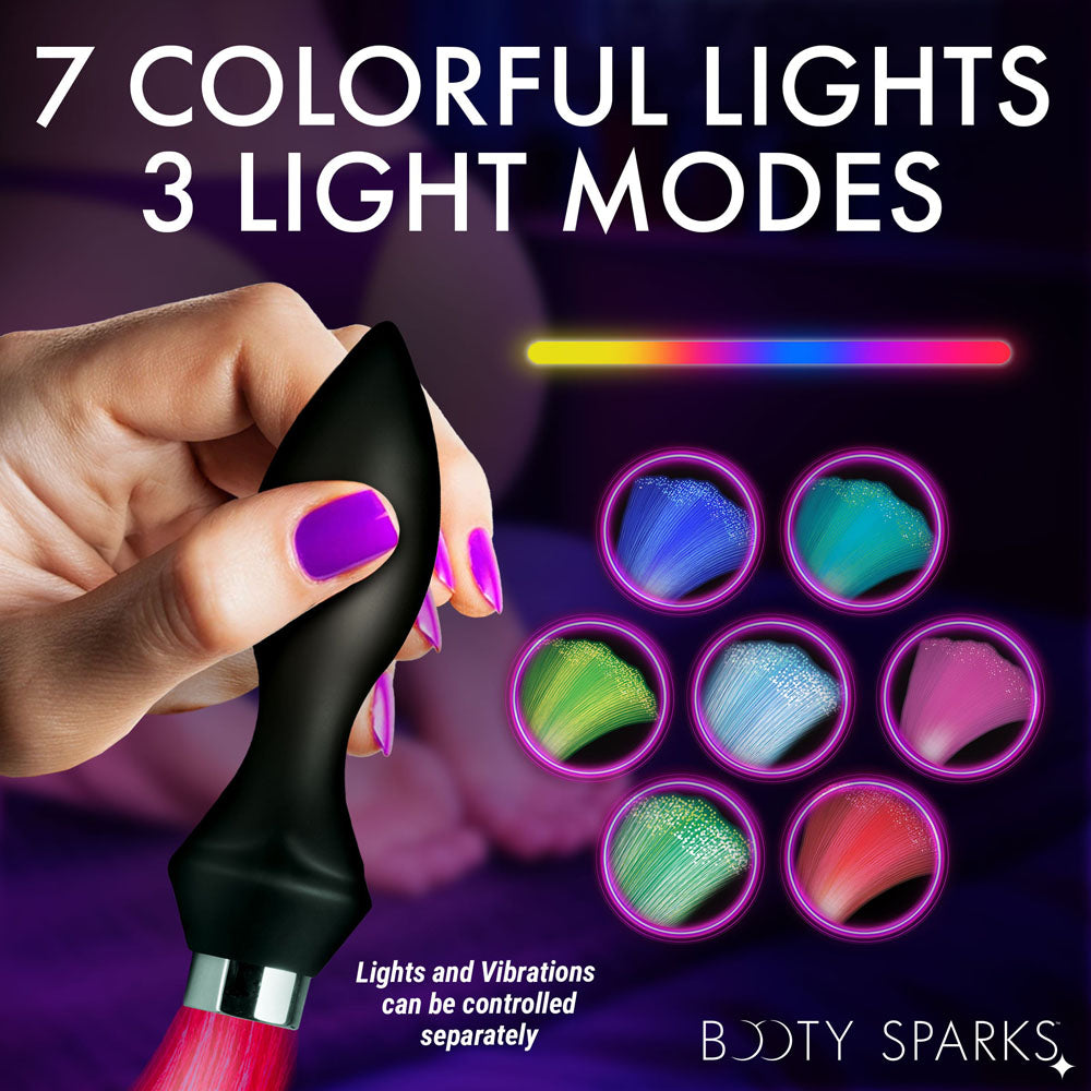 Booty Sparks Vibrating Silicone Fibre Optical Butt Plug - Black USB Rechargeable Butt Plug with Multicolour Fibre Optic Tail