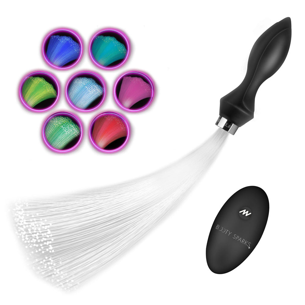 Booty Sparks Vibrating Silicone Fibre Optical Butt Plug - Black USB Rechargeable Butt Plug with Multicolour Fibre Optic Tail