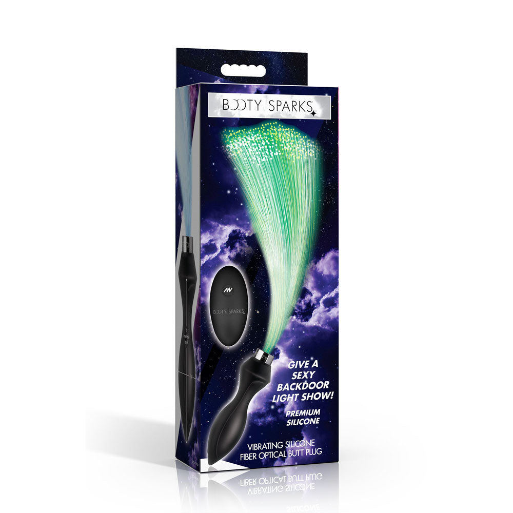 Booty Sparks Vibrating Silicone Fibre Optical Butt Plug - Black USB Rechargeable Butt Plug with Multicolour Fibre Optic Tail