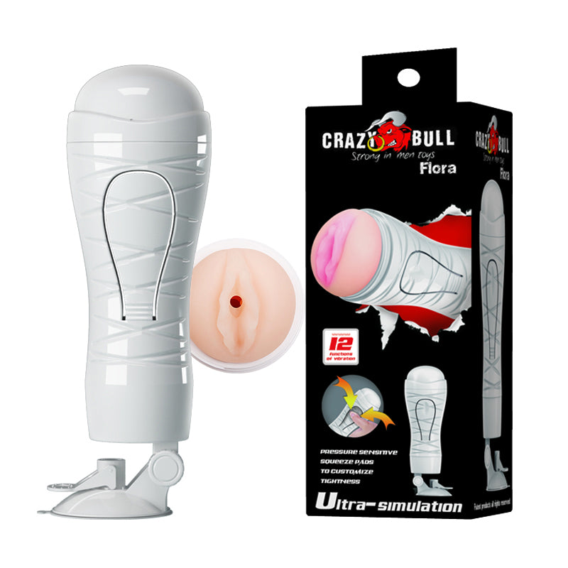 CRAZY BULL FLORA Vibrating Stroker -  USB Rechargeable Vibrating Squeezeable Vagina Stroker with Suction Base