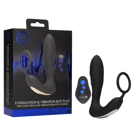 OUCH! E-stim & Vibrating Butt Plug Cock Ring -  USB Rechargeable Vibrating Butt Plug & Cock Ring with e-Stim